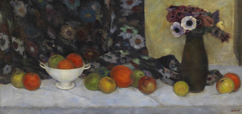 Gemälde von Emil-Orlik_Fruechtestillleben-mit-gebluemtem-Stoff-und-Vase