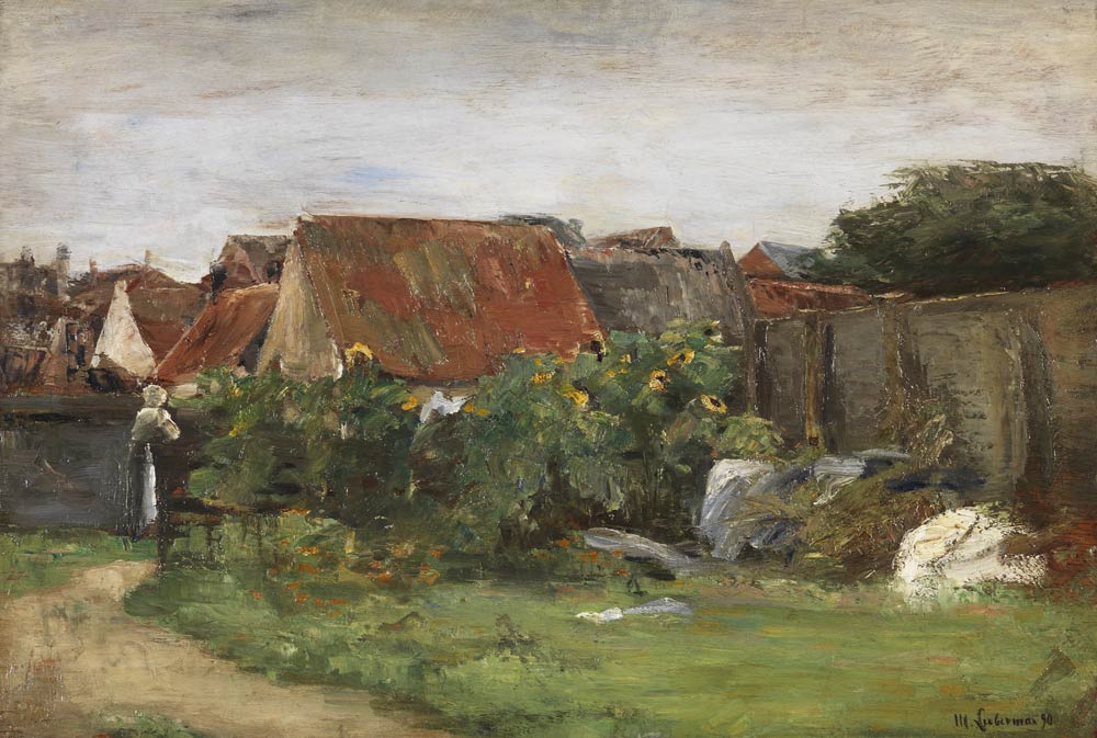Gemälde von Max-Liebermann: Dorfhaeuser-mit-Sonnenblumen